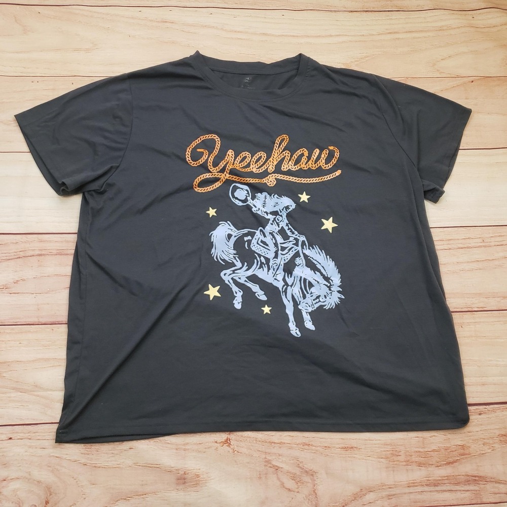 SHEIN Shirt Womens 4XL Dark Gray Charcoal Yeehaw Cowboy Graphic Western Tee